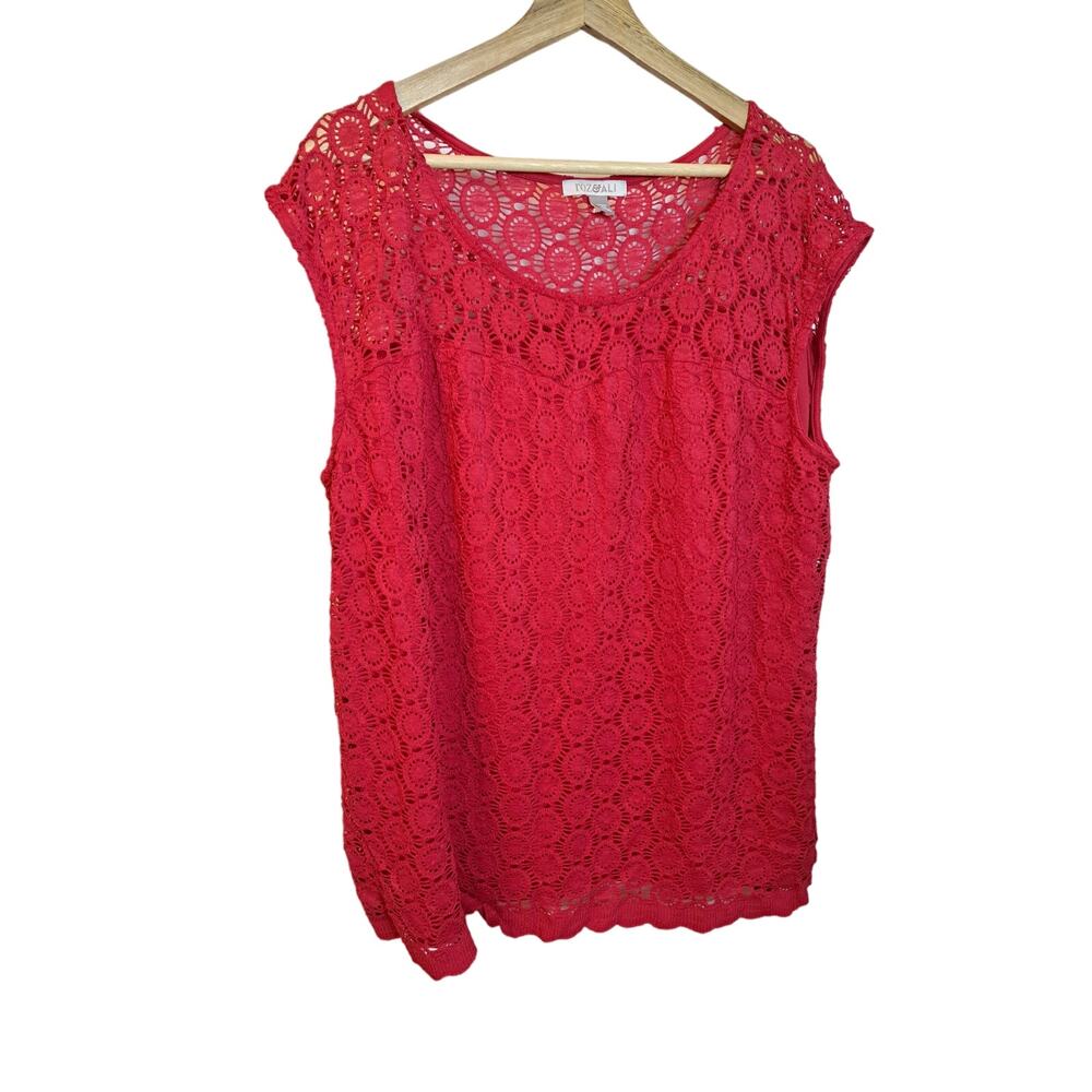 Roz & Ali Top Red Sleeveless Lace Lined Scallop Bottom 2XL